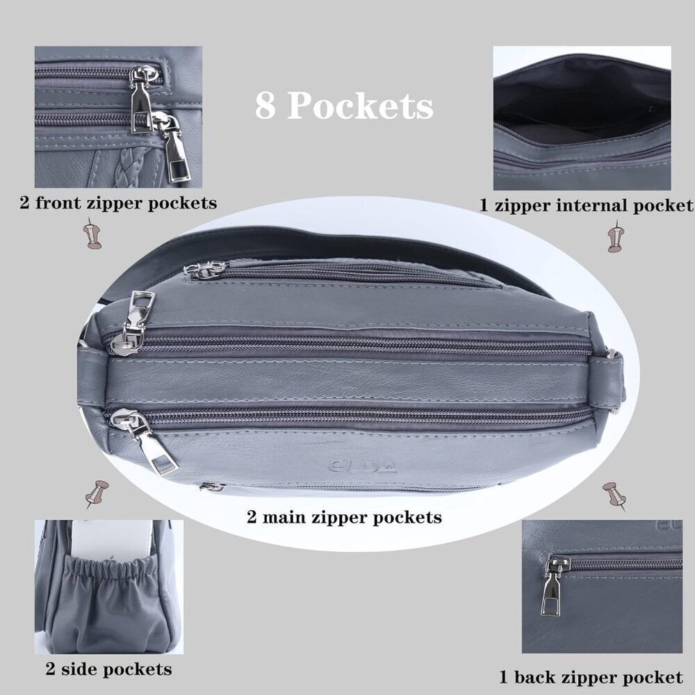 Women's Grey PU Leather Cross body Bag - Multi-Pocket Shoulder Purse - Picture 7 of 8